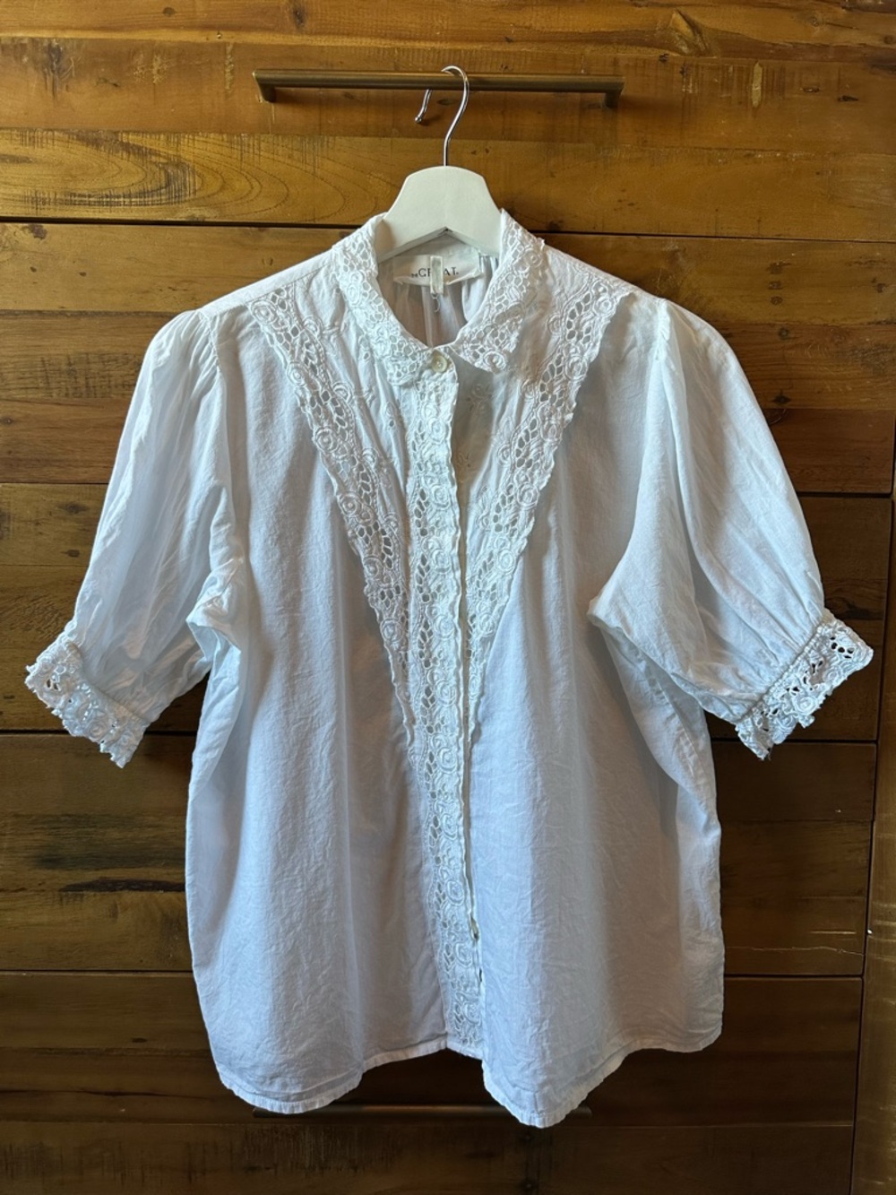THE GREAT. White Lace-Trim Button Front Blouse